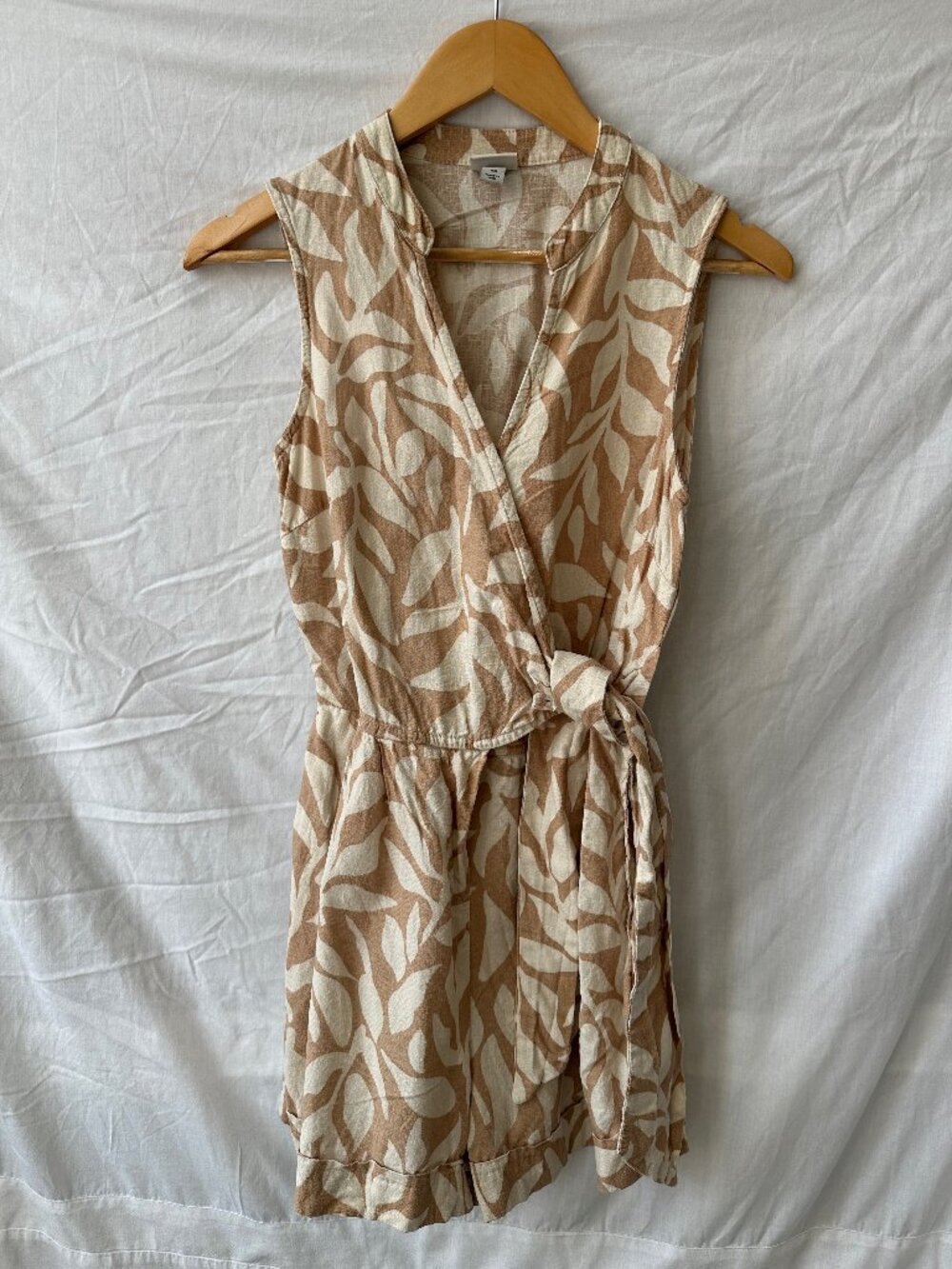 A New Day Leaf Print Wrap Romper Beige Cream XS